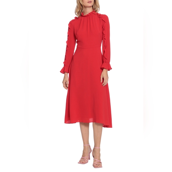 Donna Morgan Ruffle Long Sleeve A-line Midi Dress - Picture 1 of 4